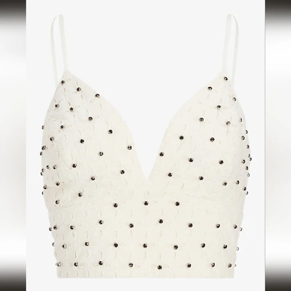 Eyelet Deep V-Neck Embellished Cropped Cami - Picture 2 of 5